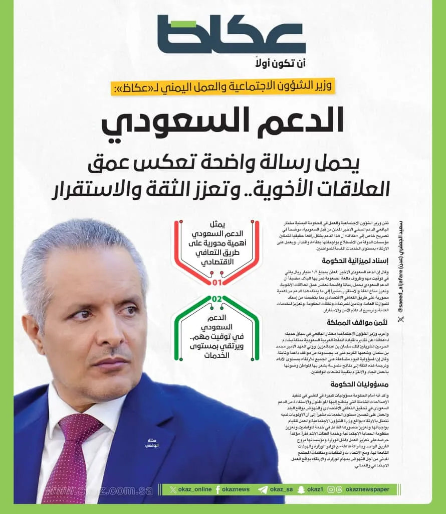 وزير الشؤون الاجتماعية والعمل لـ«عكاظ»: الدعم السعودي يحمل رسالة واضحة تعكس عمق العلاقات الأخوية.. وتعزز الثقة والاستقرار